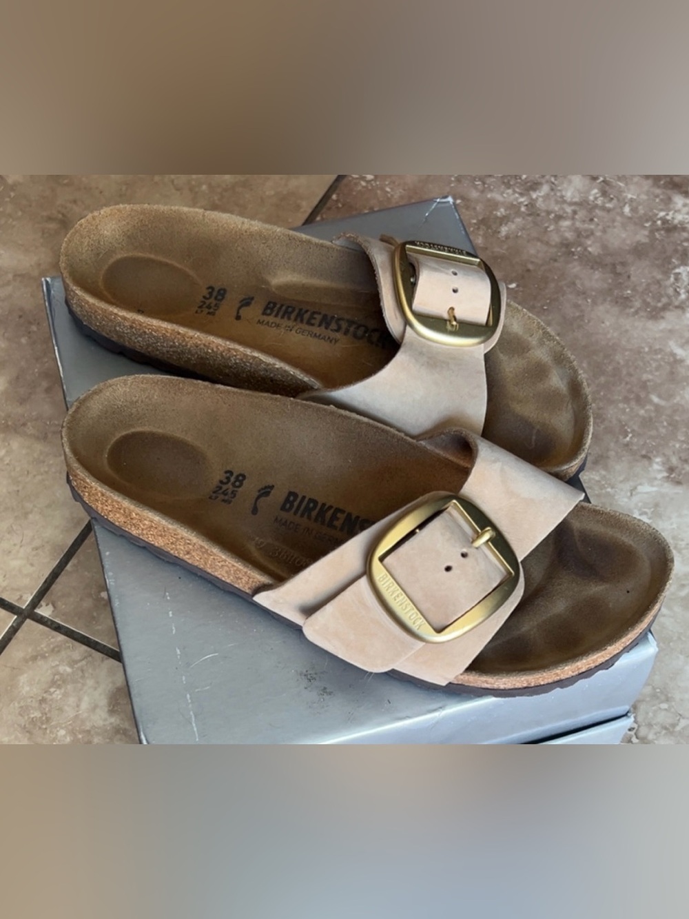 Birkenstock | Madrid Suede Single Strap Cream/Tan Big Gold Buckle Sandal Women’s
